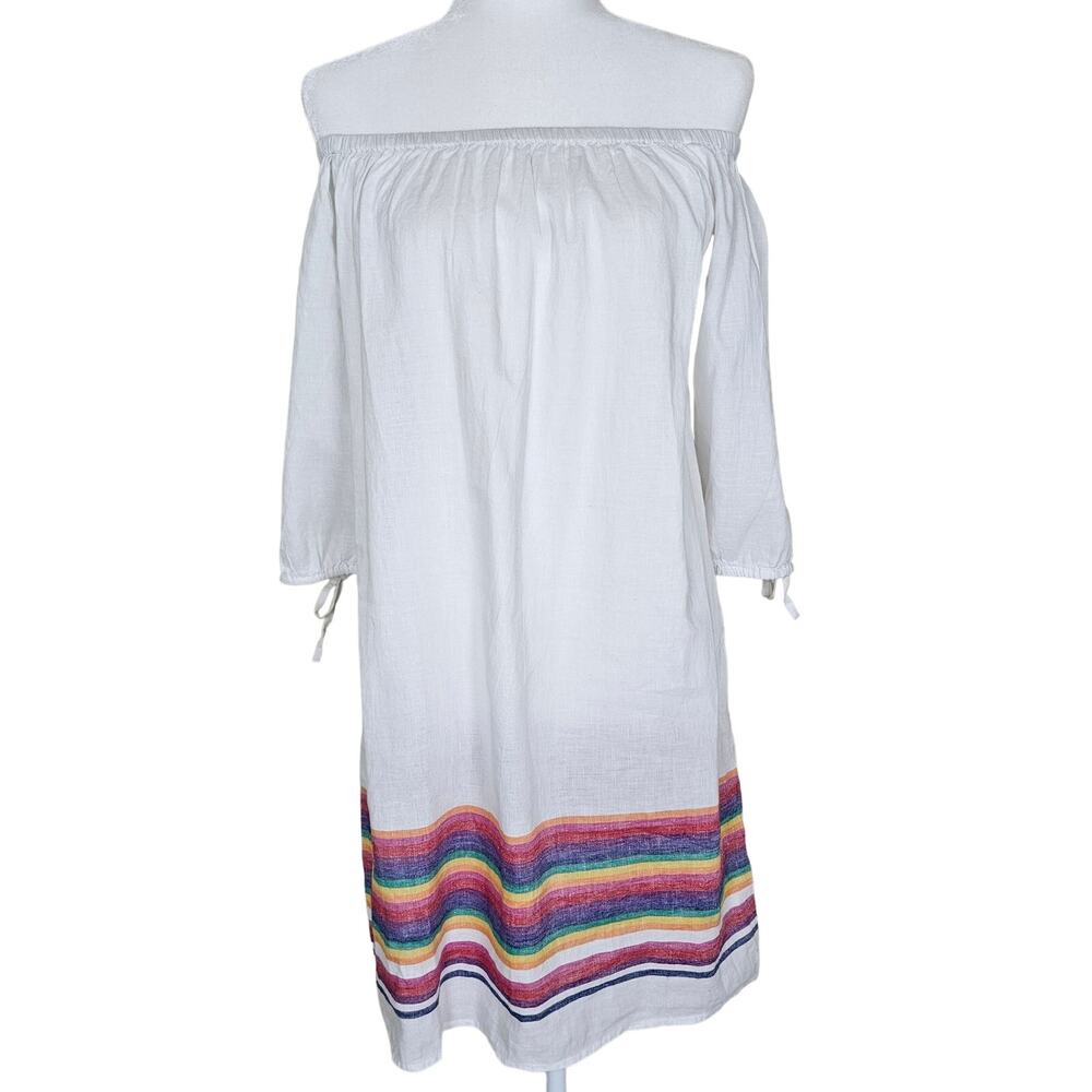 J.Crew Tunic Dress Womens Extra Small White Linen Blend Off Shoulder Rainbow